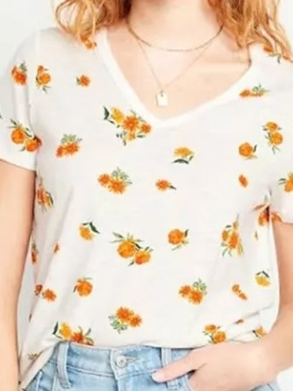 Old Navy White V-Neck Tee with Orange Floral Print